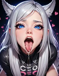 1girls ahe_gao ahe_gao ai_generated begging begging_pose blue_eyes cat_ears cum_in_mouth gray_hair heart long_hair open_mouth tongue tongue_out