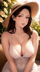 1girls ai_generated ai_mirror belly_button_visible_through_clothing bench blush brown_eyes brown_hair bush cleavage female_only light-skinned_female light_skin long_hair looking_at_viewer medium_breasts nipples_visible_through_clothing solo_female straw_hat thick_lips white_dress white_flower