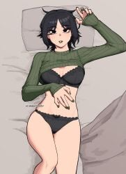 1girls belly belly_button black_eyes black_hair bra dark_eyes dark_hair female female_only green_nails green_tongue hollie_hawkes k3nnyn3v laying_down laying_on_back legs light-skinned_female light_skin painted_nails panties scott_pilgrim shirt_up sweater sweater_lift sweater_up thick thick_legs thick_thighs thighs tired_eyes tongue tongue_out tummy underwear