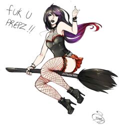 artist_signature black_hair black_lipstick black_nail_polish bracelet broom broom_riding choker corset ebony_dark'ness_dementia_raven_way fishnet_legwear fishnets goth goth_boots goth_girl heels high_heels light-skinned_female middle_finger miniskirt multicolored_hair my_immortal pale-skinned_female purple_hair purple_highlights red_highlights requiem_for_the_left_hand