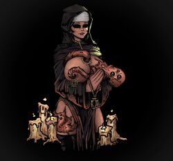 1girls big_breasts black_eyes black_hair blip_brain blipbrain breast_grab breasts breasts_out candles darkest_dungeon female holding_object large_breasts monster necklace nipple_piercing nipples nun nun's_habit parasite pink_lipstick stockings tagme tentacle thick_thighs thigh_grab