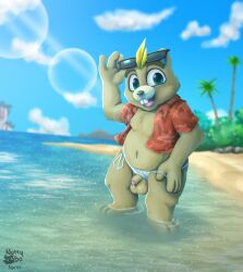 2020s 2023 animal_crossing beach bikini_thong bodily_fluids buckteeth c.j._(animal_crossing) clothed clothing clothing_aside foreskin fur genital_fluids genitals hair hi_res humanoid_genitalia humanoid_penis invalid_tag looking_at_viewer male male_only mammal nintendo nutty_bo open_clothing open_mouth open_shirt open_topwear outside penis precum public sand seaside shirt sky smile solo_male swimwear teeth thong thong_aside topwear underwear underwear_aside water