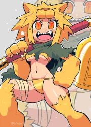 bandage blush bra breasts crap-man fangs hand_on_hip holding_object looking_at_viewer moonlight_flower paws ragnarok_online sharp_claws sharp_teeth smile snout tagme thick_thighs thighhighs wide_hips yellow_eyes yellow_fur