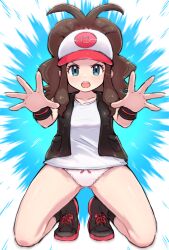 :o baseball_cap black_vest black_wristband boots brown_hair collarbone commentary_request creatures_(company) eyelashes female game_freak green_eyes hat high_ponytail highres hilda_(pokemon) kutabire kutabireta_neko long_hair nintendo no_pants open_mouth panties pokemon pokemon_bw ponytail shirt sidelocks sleeveless sleeveless_shirt socks solo spread_fingers teeth underwear upper_teeth_only vest white_headwear white_panties white_shirt wristband