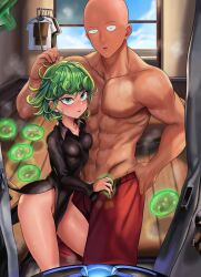 1boy 1girls bald black_dress dress fair6805 female flying_sweatdrops green_hair one-punch_man red_shorts rkrk12 saitama sweat sweating sweaty_body tatsumaki topless_male