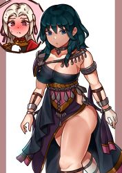 2023 2girls alternate_costume blue_eyes blue_hair blush breasts byleth_(fire_emblem) byleth_(fire_emblem)_(female) cleavage collar dancer dancer_(three_houses) dancer_outfit edelgard_von_hresvelg embarrassed female female_only fire_emblem fire_emblem:_three_houses flustered garreg_mach_monastery_uniform heavy_blush highres large_breasts multiple_girls nintendo oniisan02b purple_eyes solo_focus sweat sweatdrop sweaty thick_thighs white_hair yuri