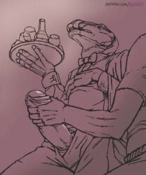 2d_animation 5:6 ambiguous_gender animated anthro biped clothing dinosaur duo edmontosaurus erection eye_roll genitals handjob holding_object klongi male male_focus monochrome penile penis reptile scalie sex