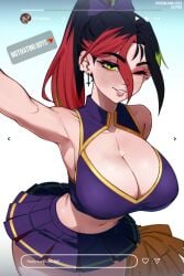 1girls armpits arms_up big_breasts black_hair cheerleader cheerleader_outfit cheerleader_uniform epic_games female female_only fortnite freckles freckles_on_face helsie_(fortnite) huge_breasts instagram instagram_story lilatole multicolored_hair piercing pompoms selfie skirt white_skin