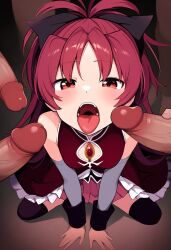 ai_generated female highres imminent_orgasm long_hair long_ponytail magical_girl mahou_shoujo_madoka_magica multiple_boys multiple_penises on_fours on_knees open_mouth penis ponytail pov puella_magi_madoka_magica red_eyes red_hair sakura_kyouko tongue_out uncensored