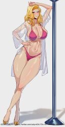 1girls 2d 2d_(artwork) anna_nicole_smith big_breasts bikini blonde_female blonde_hair blue_eyes breasts celebrity celyn404 cleavage female female_focus female_only leaning leaning_on_elbow mature mature_female milf navel parody pole slippers stripper_pole tanya_peters the_naked_gun thick_thighs