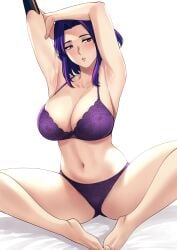 1girls armpits arms_up bare_armpits bare_arms bare_belly bare_hands bare_legs bare_stomach bare_thighs barefoot big_breasts blush boku_no_hero_academia bra breasts embarrassed female female_only highres hourglass_figure huge_breasts kaina_tsutsumi lace lace_trim lady_nagant large_breasts legs legs_apart lingerie lingerie_bra lingerie_only lingerie_panties looking_at_another my_hero_academia navel panties pants presenting_armpit purple_bra purple_eyebrows purple_eyes purple_hair purple_hair_female purple_lingerie purple_panties purple_pants raised_eyebrows short_hair shy simple_background solo solo_female spread_legs spreading thick_legs thick_thighs thighs underwear underwear_only white_background woman xtermination