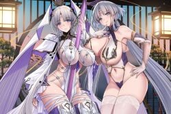 2girls blue_eyes breasts bridal_gauntlets closed_mouth echocalypse elbow_gloves facial_mark finger_to_own_chin forehead_mark gloves grey_hair hand_on_own_hip highres large_breasts levia_(echocalypse) light_blush long_hair looking_at_viewer multiple_girls skindentation smile standing thai_commentary thighhighs twintails very_long_hair xtermination