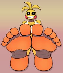 1girls animatronic bib boxcutter5 breasts chicken cleavage feet feet feet_up female five_nights_at_freddy's five_nights_at_freddy's_2 foot_fetish foot_focus robot scottgames toy_chica_(fnaf)