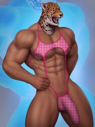 abs biceps big_bulge big_penis bulge crossdressing drawnpr0n flaccid flaccid_penis huge_bulge huge_penis jaguar_mask king_(tekken) lingerie male male_only muscles muscular muscular_male smooth_skin tekken thick_thighs uncut