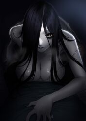 bags_under_eyes black_eyes black_hair bra breasts down_blouse hair_over_one_eye highres large_breasts lips long_hair looking_at_viewer pale_skin smile solo straight_hair sweat the_ring underwear xter xtermination yamamura_sadako