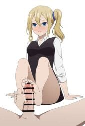 1boy 1girls blonde_hair blue_eyes blush censored coro_fae cum cum_on_feet cum_on_foot feet foot_fetish foot_focus footjob hayasaka_ai kaguya-sama_wa_kokurasetai_~tensai-tachi_no_renai_zunousen~ nail_polish penis pov school_uniform sex sitting