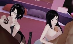 2boys 2girls akinama_family_(noir-black-shooter) big_breasts dark_blue_hair dark_purple_hair huge_breasts kaori_akinama_(noir-black-shooter) koikatsu long_hair milf mother_and_daughter muscular_male naoki_akinama_(noir-black-shooter) noir-black-shooter oc original original_character paizuri purple_eyes titfuck titjob virgin_killer_sweater