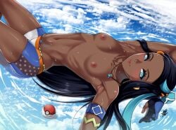 armpit_lips armpits bike_shorts black_hair blue_eyes blue_hair blush breasts creatures_(company) dark-skinned_female dark_skin game_freak long_hair medium_breasts multicolored_hair muscular muscular_female muscular_legs navel nessa_(pokemon) nintendo nipples pokemon shorts smile solo source_request xtermination