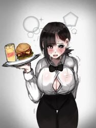 big_breasts burger bwunnymom chainsaw_man female higashiyama_kobeni ponytail sweat sweatdrop tagme thick_thighs waitress waitress_uniform