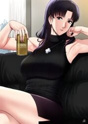 armpits beer_can black_shirt blouse breasts brown_eyes can cross cross_necklace earrings facing_viewer highres jewelry katsuragi_misato lipstick looking_at_viewer makeup misato_katsuragi nail_polish necklace neon_genesis_evangelion purple_hair shirt sitting skirt solo xtermination yebisu