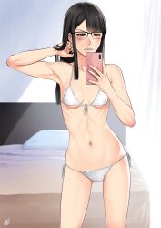 alternate_version_available arm_up armpits asymmetrical_bangs bare_arms bare_shoulders bed bikini black-framed_eyewear black_hair blunt_bangs blush breasts brown_eyes cellphone collarbone contrapposto cowboy_shot eizouken_ni_wa_te_wo_dasu_na! glasses highres holding holding_phone indoors keep_your_hands_off_eizouken long_hair navel over-rim_eyewear parted_lips phone pillow ribs sayaka_kanamori selfie semi-rimless_eyewear sidelocks small_breasts smartphone solo stomach swimsuit teeth v-shaped_eyebrows white_bikini xter xtermination