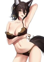 1girls animal_ear_fluff animal_ears arm_behind_head arm_up armpits black_hair bra breasts brown_bra brown_panties collarbone contrapposto female female_only fox_ears fox_girl fox_tail gluteal_fold green_eyes hair_ornament highres honkai:_star_rail honkai_(series) large_breasts navel open_mouth panties ponytail simple_background solo stomach strap_slip tail teeth thighs tingyun_(honkai:_star_rail) tongue tongue_out underwear underwear_only white_background xter xtermination