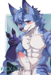 abs anthro blue_body blue_fur canid canine canis cute_expression erection fangs foreskin fur genitals hi_res male mammal muscular muscular_anthro muscular_male pecs penis red_eyes smile solo teeth wolf zex