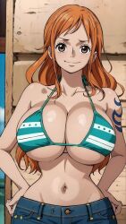 ai_generated bikini bikini_top female female_only jarentr looking_at_viewer nami nami_(one_piece) one_piece orange_hair partially_clothed post-timeskip tattooed_arm