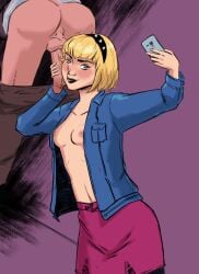 1boy 1girls female gwen_stacy hairband male marvel partial_male penis penis_on_cheek saibutts_(artist) spider-gwen spider-man_(series)