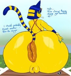 1girls animal_crossing ankha anthro anus ass back_view dialogue donut_anus female female_only gaikiken gigantic_ass huge_ass nintendo puffy_anus pussy rear_view sideboob sitting solo solo_female sweat text wardrobe_malfunction