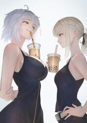 2girls boba_tea breast_envy fate/grand_order fate_(series) imizu_(nitro_unknown) jealous jeanne_alter large_breasts multiple_girls saber_alter small_breasts