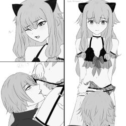 cat_costume cat_ears cunnilingus garter_belt garter_straps halloween_costume heart-shaped_pupils kamishiro_rui kusanagi_nene licking licking_pussy lingerie male/female one_eye_closed open_mouth project_sekai revealing_clothes saliva_string shaking shaved_pussy skirt skirt_lift skirt_up straight thighhighs trembling vampire vampire_costume