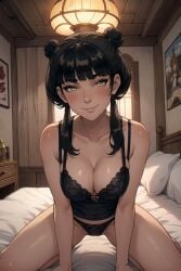 1girls ai_generated avatar_legends avatar_the_last_airbender bedroom black_hair blush breasts camisole cleavage dark_hair double_bun duvex_ai female fire_nation hair_bun lingerie looking_at_viewer mai_(avatar) medium_breasts panties seductive smile solo solo_female underwear