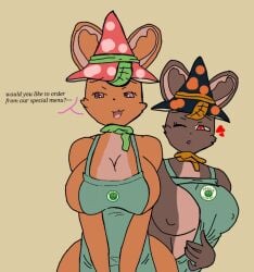 anthro barista big_breasts breasts dialogue employee employee_uniform female flashing_breasts furry furry_female heart horny loomian loomian_legacy mushroom roblox roblox_game shawchi squirrel starbucks tagme text wizard wizard_girl