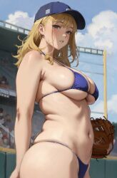 1girls ai_generated baseball baseball_cap big_breasts bikini bikini_bottom bikini_top blonde_hair breasts catcher's_mitt effineffer exhibitionism micro_bikini original_character outdoors outside public public_nudity thick_ass thick_thighs thighs voluptuous voluptuous_female