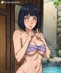 ai_generated anime anime_style bathrobe big_breasts bikini_top blue_hair boruto:_naruto_next_generations breast_squeeze breasts breasts_covered cleavage confused covered_nipples covering covering_breasts exposed fabric female female_only finger_to_mouth girly hot_spring hyuuga_hinata japanese japanese_clothes japanese_clothing japanese_house kimono minka naruto naruto_(series) onsen shh short_hair shy silence tight_clothes tight_clothing tight_swimsuit tight_topwear white_eyes yukata