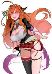 1girls :d blush cleavage closed_eyes dismassd eyes_closed female holoforce hololive hololive_japan horns kiryu_coco orange_hair panties smile smiling smiling_at_viewer solo solo_female solo_focus tail virtual_youtuber vtuber