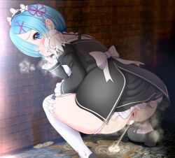 1girls 2d anus ass bar_censor blue_eyes blue_hair blush censored censored_pussy female female_only hair_over_one_eye human kuzukirimochi looking_at_viewer looking_back looking_back_at_viewer maid maid_headdress maid_uniform matching_hair/eyes pale-skinned_female peeing peeing_on_floor re:zero_kara_hajimeru_isekai_seikatsu rem_(re:zero) short_hair squatting steam thighs x_hair_ornament