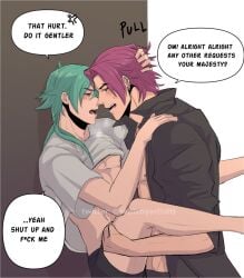 abs blush clothed clothing dialogue ezreal gay green_hair heartsteel_ezreal heartsteel_kayn heartsteel_series implied_sex in_wall kayn kissing league_of_legends male mask muscular muscular_male open_legs open_shirt partially_clothed pecs pectorals pink_hair saliva shirt shirt_up text_bubble underwear yaoi