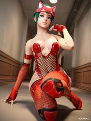 3d 3d_(artwork) 3d_model green_hair kiriko_(overwatch) kothyaci looking_at_viewer medium_breasts overwatch overwatch_2 red_suit stockings thick_thighs