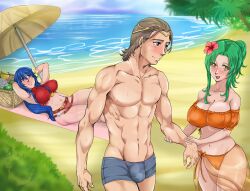 1boy 2girls alternate_costume arm_grab armpits arms_behind_head banana bare_arms bare_shoulders bare_thighs basket beach belt bikini bikini_skirt black_eyes blue_eyes blue_hair blue_swim_briefs breasts brown_hair caeda_(fire_emblem) caeda_(summer)_(fire_emblem) cleavage collarbone covered_nipples elincia_ridell_crimea elincia_ridell_crimea_(summer) female fire_emblem fire_emblem:_mystery_of_the_emblem fire_emblem:_path_of_radiance fire_emblem:_radiant_dawn fire_emblem:_shadow_dragon_and_the_blade_of_light fire_emblem_heroes flower food fruit grass green_hair hair_between_eyes hair_flower hourglass_figure kajimateria kiran_(fire_emblem) kiran_(fire_emblem)_(male) large_breasts long_hair male male_swimwear multiple_girls muscular_male navel nintendo ocean official_alternate_costume open_mouth orange_bikini orange_eyes orange_swimsuit outdoors palm_tree parasol penis_bulge ponytail red_bikini red_swimsuit relaxing sarong see-through shoulders smile sweat swim_briefs swimsuit thick_thighs thighs tree umbrella very_long_hair watermelon wide_hips