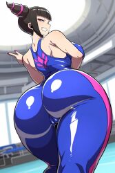 1girls ai_generated artist_request ass ass_focus ass_grab bare_shoulders big_ass big_butt black_hair breasts cameltoe capcom come_hither deep_skin female female_only from_behind from_below grin huge_ass juri_han large_breasts looking_at_viewer looking_down pants purple_eyes shiny shiny_clothes shiny_hair shiny_skin short_hair sideboob smile solo street_fighter street_fighter_6 street_fighter_iv street_fighter_iv_(series) street_fighter_v