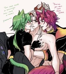 abs blush cat_ears cat_tail catboy clothed clothing ezreal gay green_hair heartsteel_ezreal heartsteel_kayn heartsteel_series heartsteel_yone implied_sex kayn league_of_legends male no_genitals open_mouth pale_skin pecs pectorals romantic romantic_ambiance shirtless threesome yaoi yone