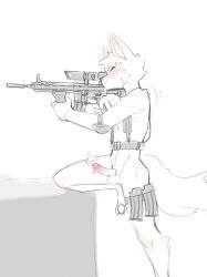 absurd_res anthro assault_rifle balls blush bodily_fluids canid canine clothing erection genital_fluids genitals gloves gun handwear harness hi_res holding_gun holding_object holding_weapon humanoid_genitalia humanoid_penis leaking_precum magazine_(gun) male mammal nude penis precum ranged_weapon rifle scope shirocn simple_background solo solo_focus tail weapon