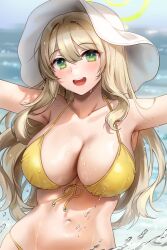 1girls 2022 :d abydos_high_school_student big_breasts bikini blonde_hair blue_archive blush breasts cleavage dripping female foreclosure_task_force_(blue_archive) front-tie_bikini_top front-tie_top gijang green_eyes hair_between_eyes halo halterneck hat highres large_breasts long_hair looking_at_viewer navel nonomi_(blue_archive) nonomi_(swimsuit)_(blue_archive) outstretched_arm smile solo splashing stomach string_bikini sun_hat swimsuit upper_body wet wet_clothes wet_swimsuit white_headwear yellow_bikini yellow_bikini_bottom yellow_bikini_top