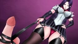 1boy 1girls animated ballbusting bondage cbt character_request cock_and_ball_torture dominant_female femdom game_cg leather looking_down painkillerakapk penis penis_torture petplay pov purple_hair queendom_of_lithzena submissive_male upskirt