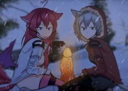 2girls arknights dildo glowing glowing_genitalia glowing_penis projekt_red_(arknights) projekt_red_(light_breeze)_(arknights) red_eyes red_hair snow snowing white_hair winter