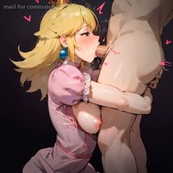 1boy 1girls ai_generated blonde_hair blowjob clothed deep_blowjob deepthroat deepthroat_hug fellatio female hentaidone hug_and_suck hugging kneeling mario_(series) oral princess_peach stable_diffusion