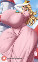 1girl 1girls big_breasts big_hipped big_hips blonde_female blonde_hair breasts cloudybits crown hips hips_wider_than_shoulders huge_breasts huge_hips hyper_breasts large_breasts large_hips mario_(series) massive_breasts nintendo outdoors pink_dress princess_peach super_mario_bros. tagme thick_thighs thighs tight_clothing wide_hips