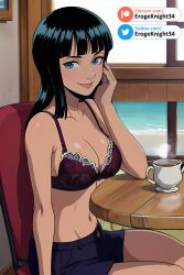 1girls ai_generated bangs big_breasts black_hair blue_eyes blunt_bangs bra dark-skinned_female dark_skin erogeknight female female_only hand_on_cheek lace_bra morning nico_robin one_piece patreon pre-timeskip sea solo solo_female solo_focus stable_diffusion tea twitter underwear window